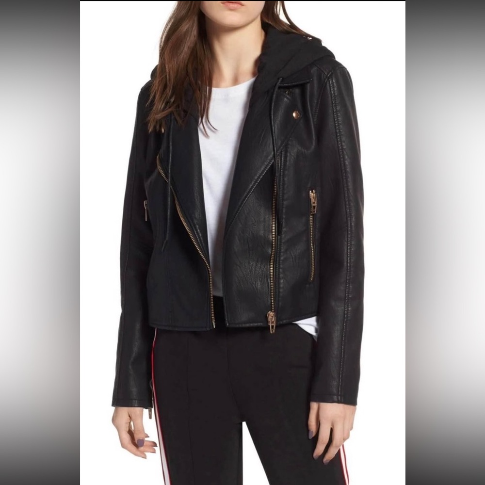 NEW Blank NYC Moto Jacket Faux Leather with Removable Hood
